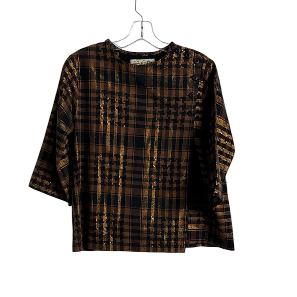 Ace & Jig Button Detail 3/4 Sleeve St. Honore Black and Brown Metallic Blouse S